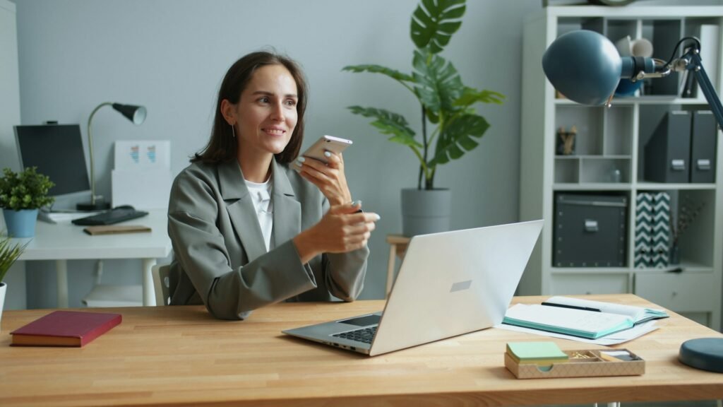 Woman at a desk speaking into her smartphone to dictate a message